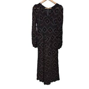 Vintage Black Sheer Maxi Dress | Geometric Velvet Burnout | Witchy